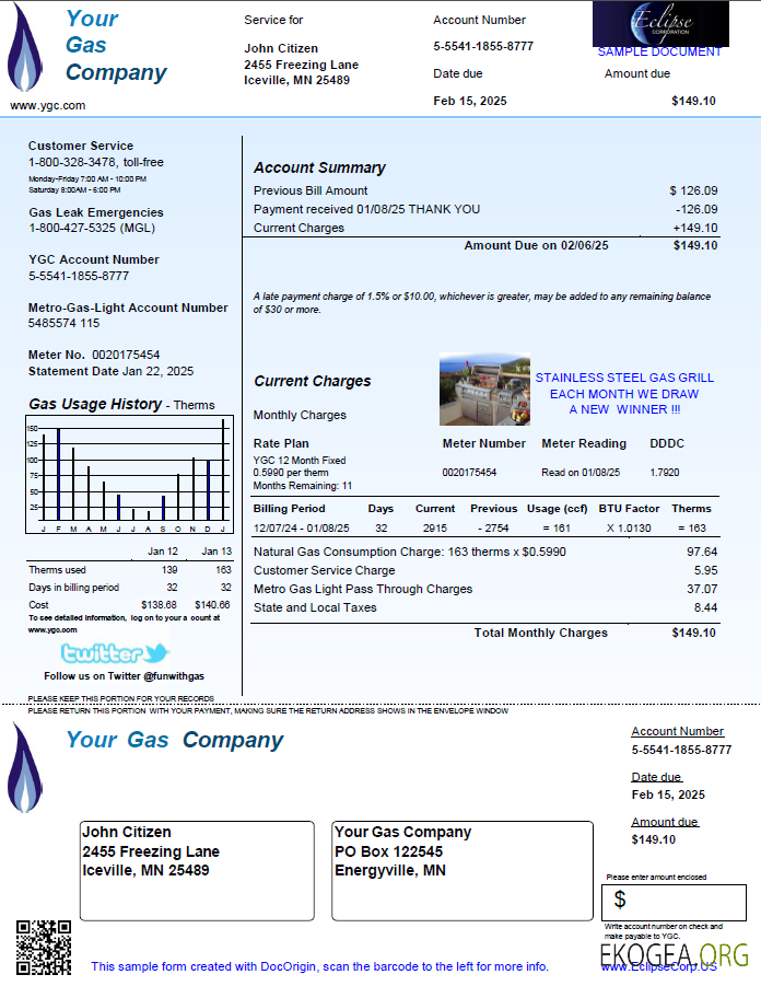USA Your Gas Company utility bill template in Word and PDF formats